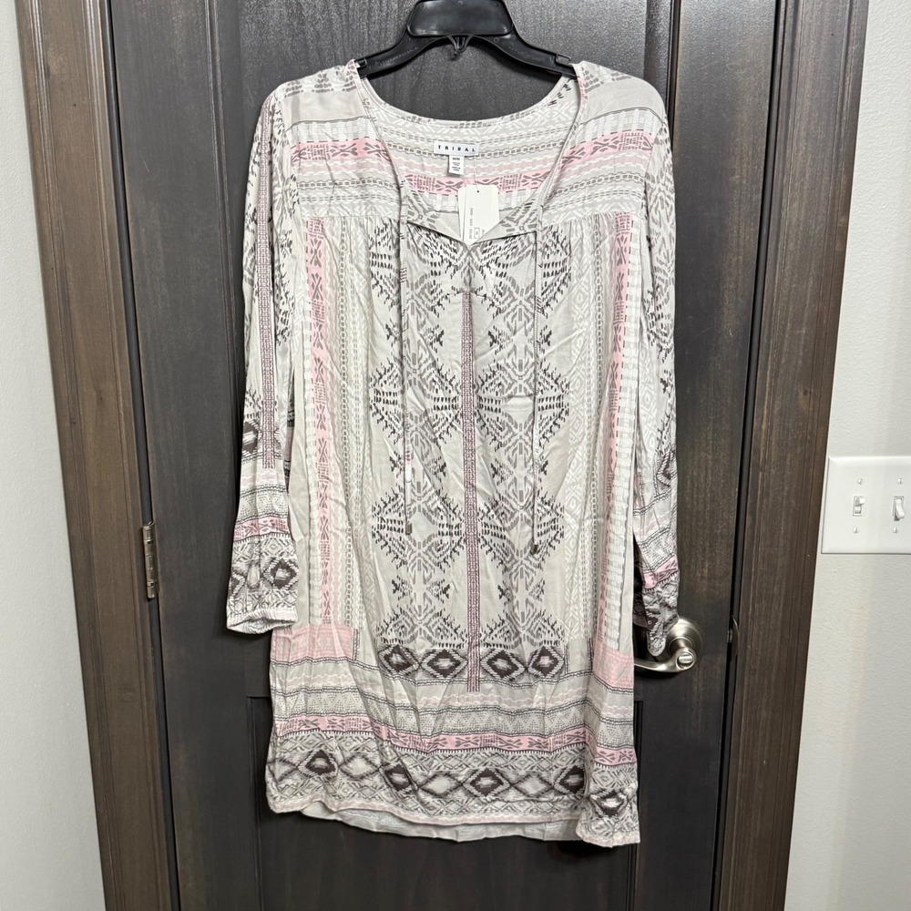Tribal NWT Women's M Geometric Print Tunic Dress Pink Gray Long Sleeve
